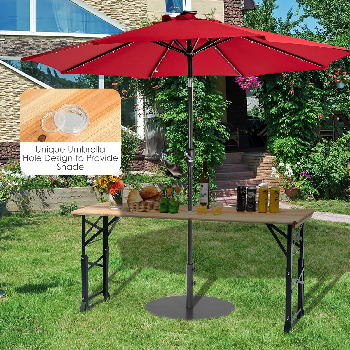 5.5FT Folding Picnic Table, Portable Outdoor Beer Table w/Umbrella Hole & 2 Adjustable Heights