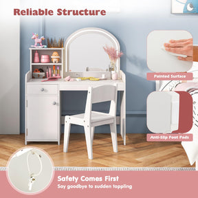 Kids Vanity Table with Stool, Children Makeup Table & Chair Set with 2-Color LED Lights, Mirror, Shelves