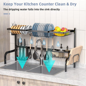 Giantex Dish Drying Rack Over Sink Drainer Cup Plate Holder w/ 8 Hooks Kitchen Organizer, Black