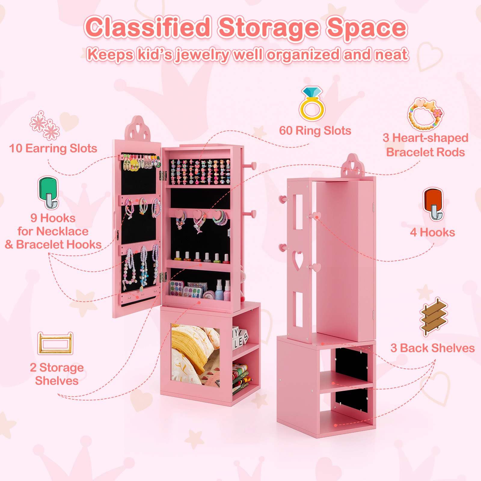 HONEY JOY Kids Jewelry Cabinet, 3-in-1 Freestanding Jewelry Armoire