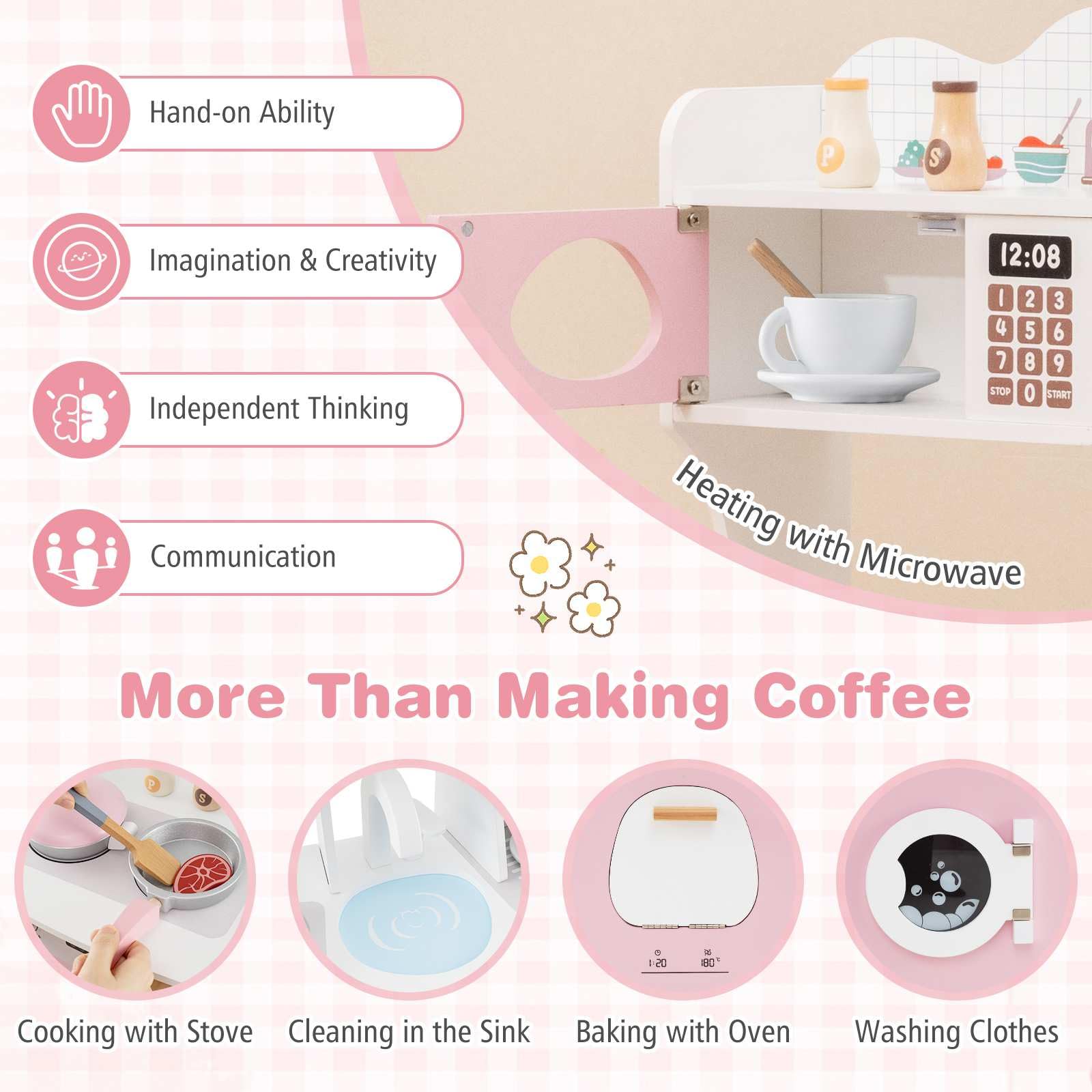 All-in-1 Wooden Kids Kitchen Playset, Pretend Play Kitchen w/Coffee Maker, Microwave, Oven