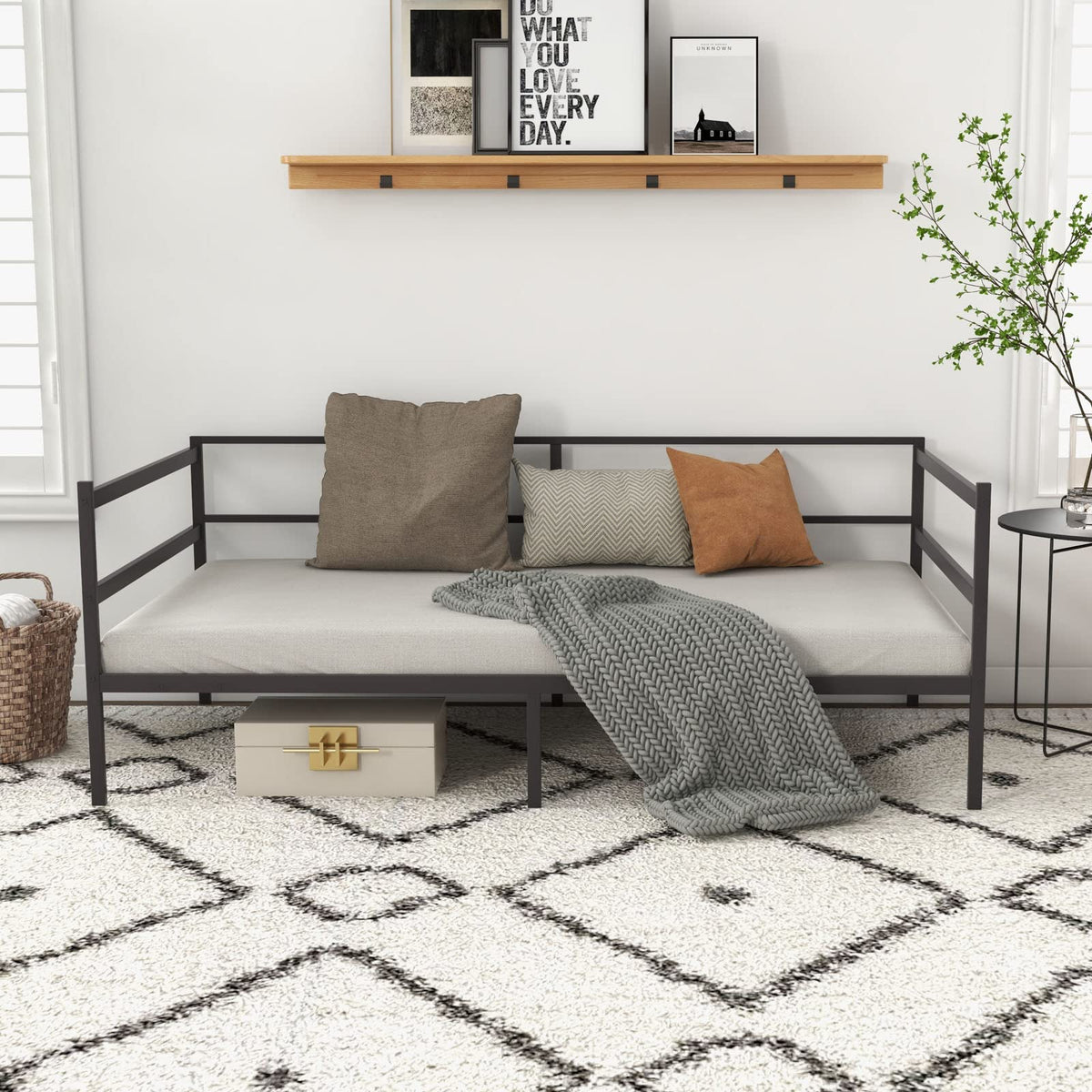Metal Twin Daybed Frame, Day Bed w/Heavy-Duty 16 Slats Support & 11" Storage Clearance