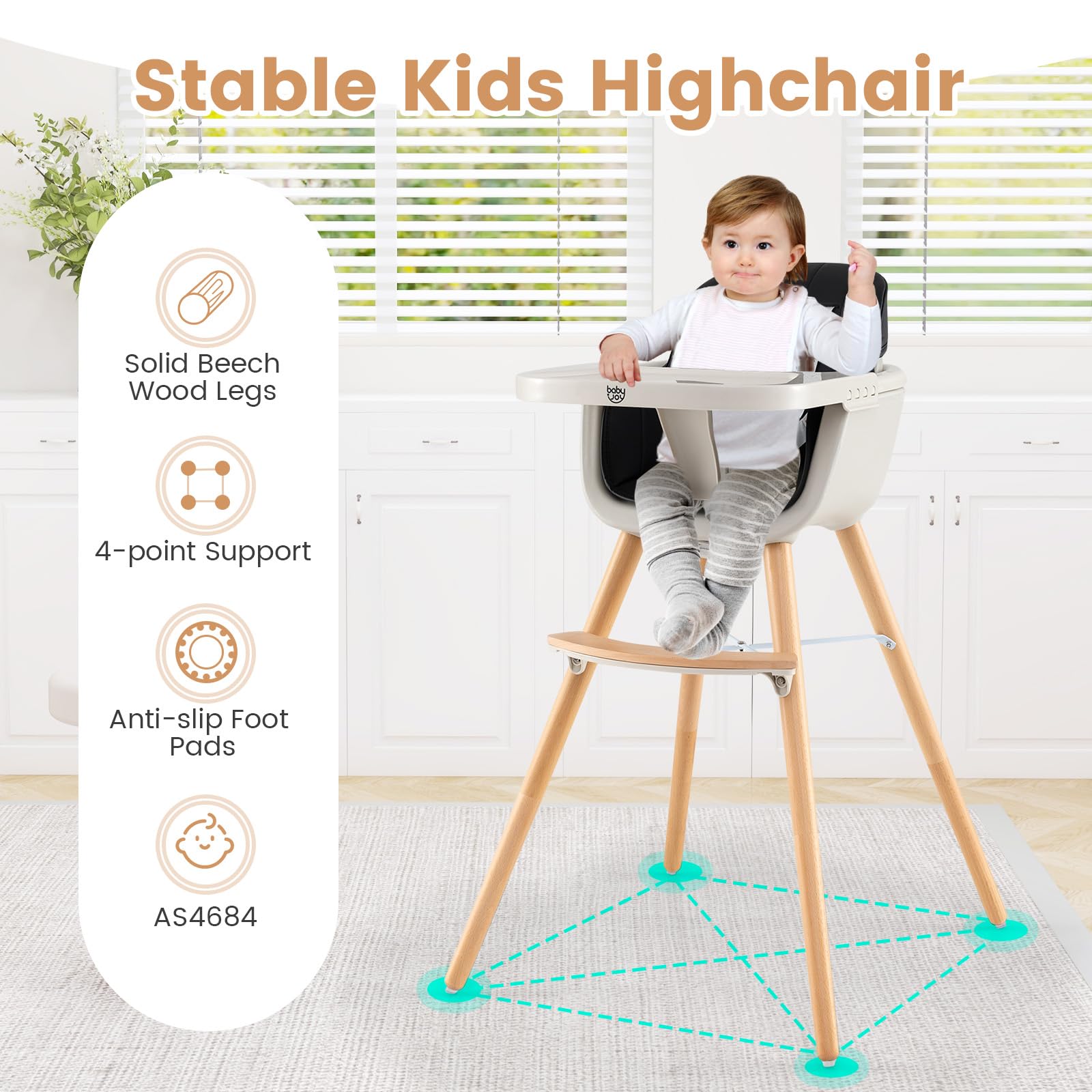 3 in 1 Wooden Convertible Baby High Chair with Removable Tray
