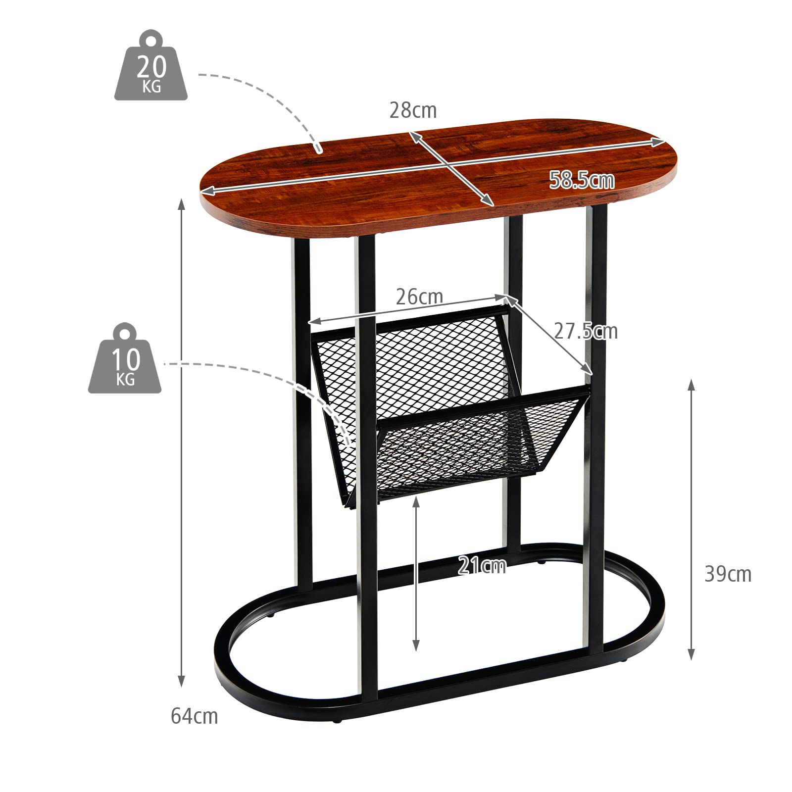 Giantex Industrial Side Table, 2-Tier End Table w/Mesh Shelf, Floor Coffee Table w/Heavy-Duty Steel Frame, Rustic Brown
