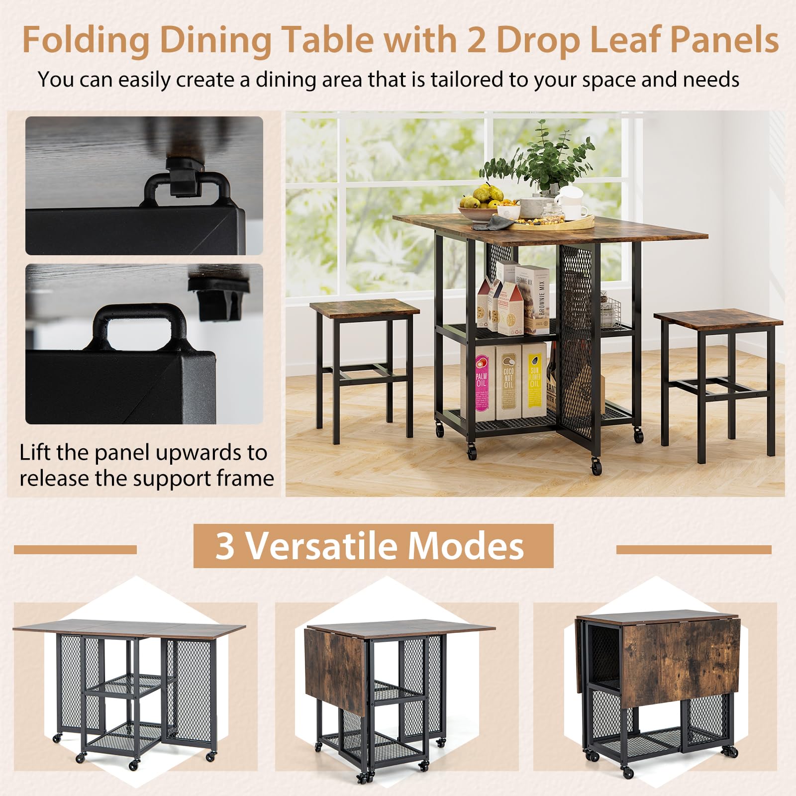 Giantex Drop Leaf Expandable Dining Table & 2 Stools for Small Place