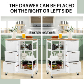Giantex Kitchen Island on Wheel with Storage, Multi-purpose Rolling Cart w/ Rubber Wood Countertop, 3 Drawers