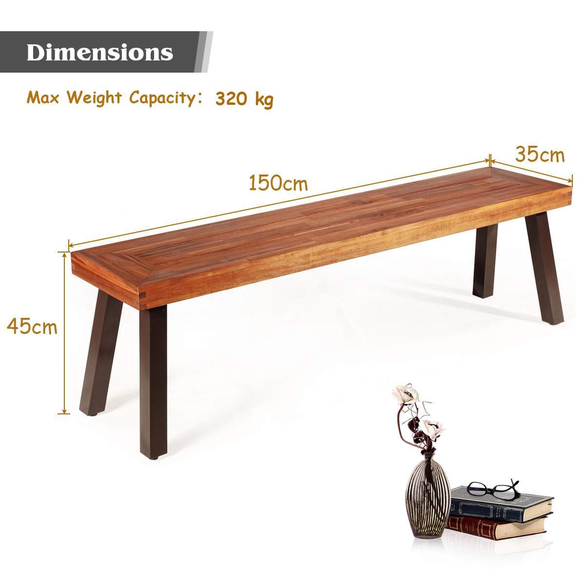 Set of 1/2 Outdoor Acacia Wood Bench, 2-3 People Backless Garden Front Benches with Metal Frame, Patio Wooden Dining Benches for Deck, Yard and Entryway