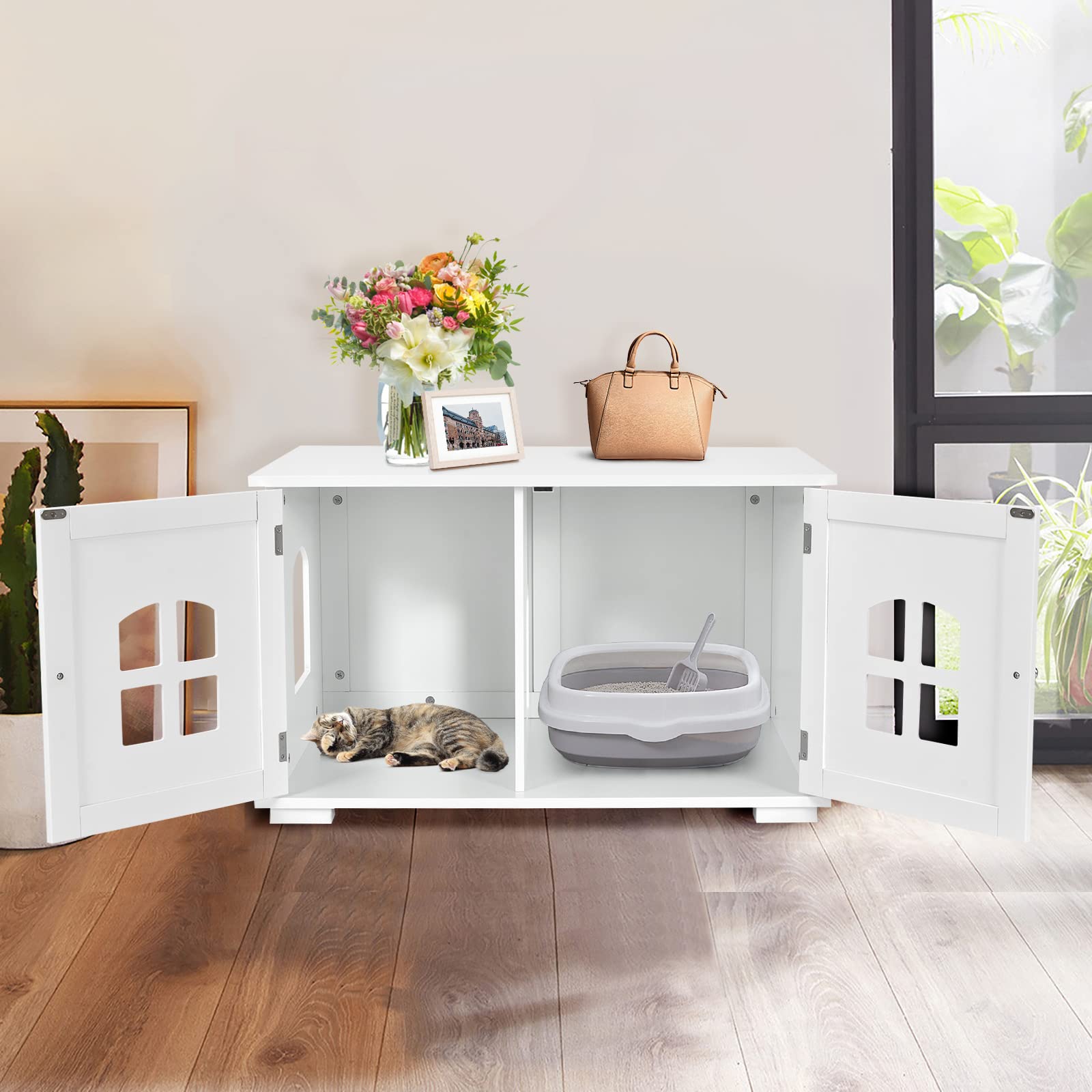 Cat Litter Box Enclosure Furniture Hidden, Wooden Washroom Storage Cabinet Bench w/Cross Windows