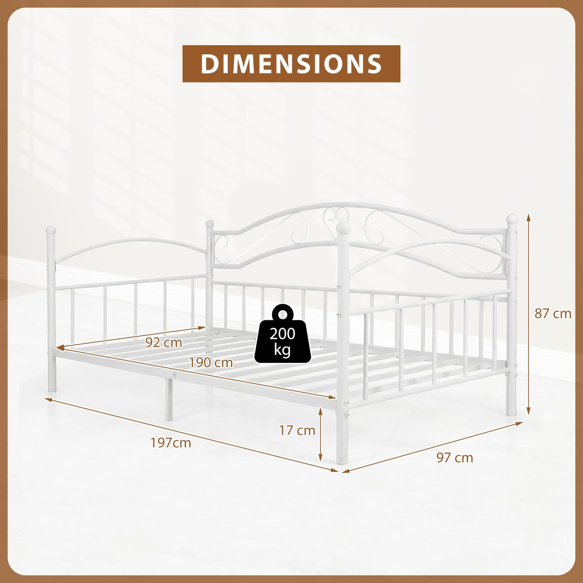 Metal Daybed Frame, 190 x 90 cm Sofa Bed with Classic Headboard