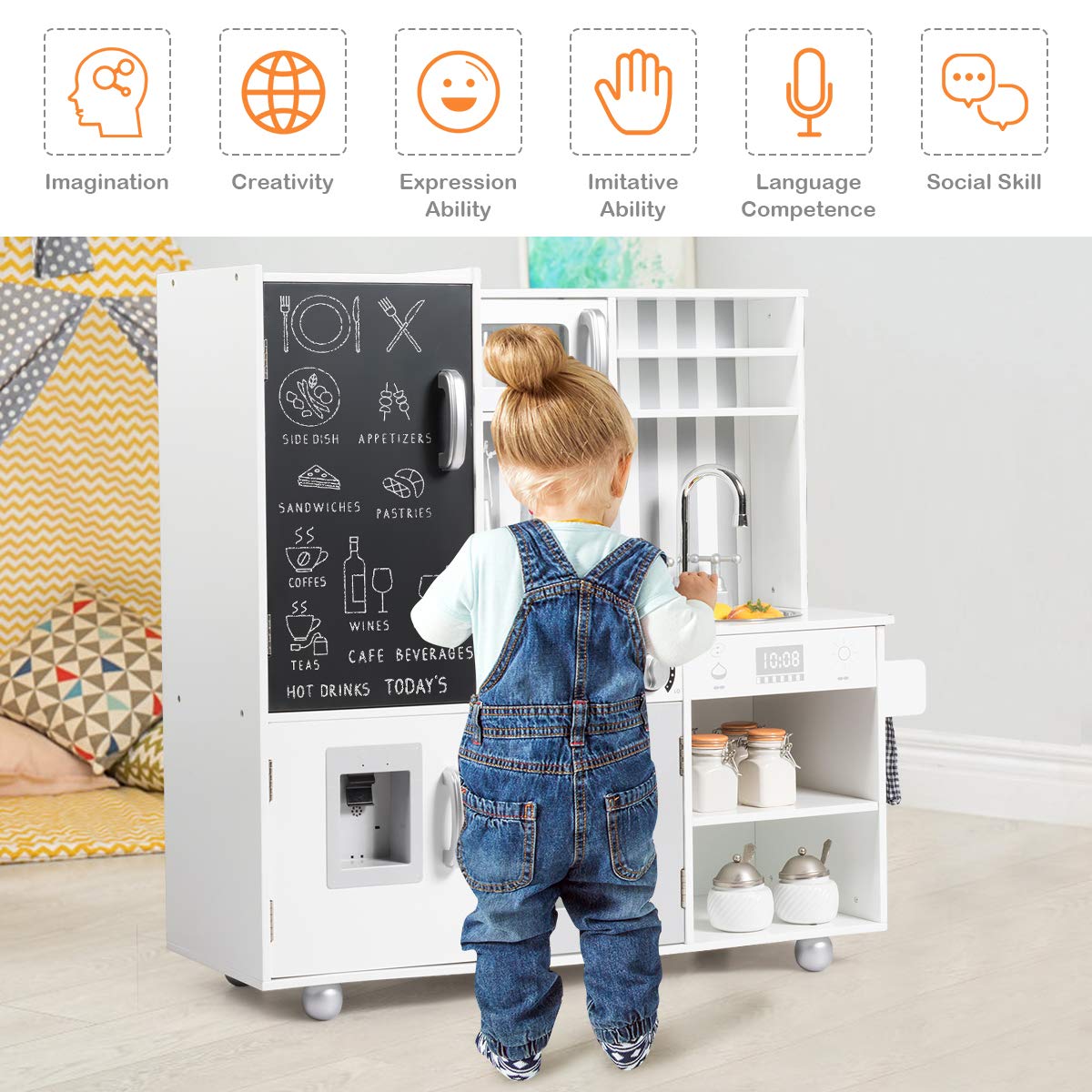 Kids Kitchen Playset, Wooden Pretend Play Kitchen with Blackboard, Accessory Utensils