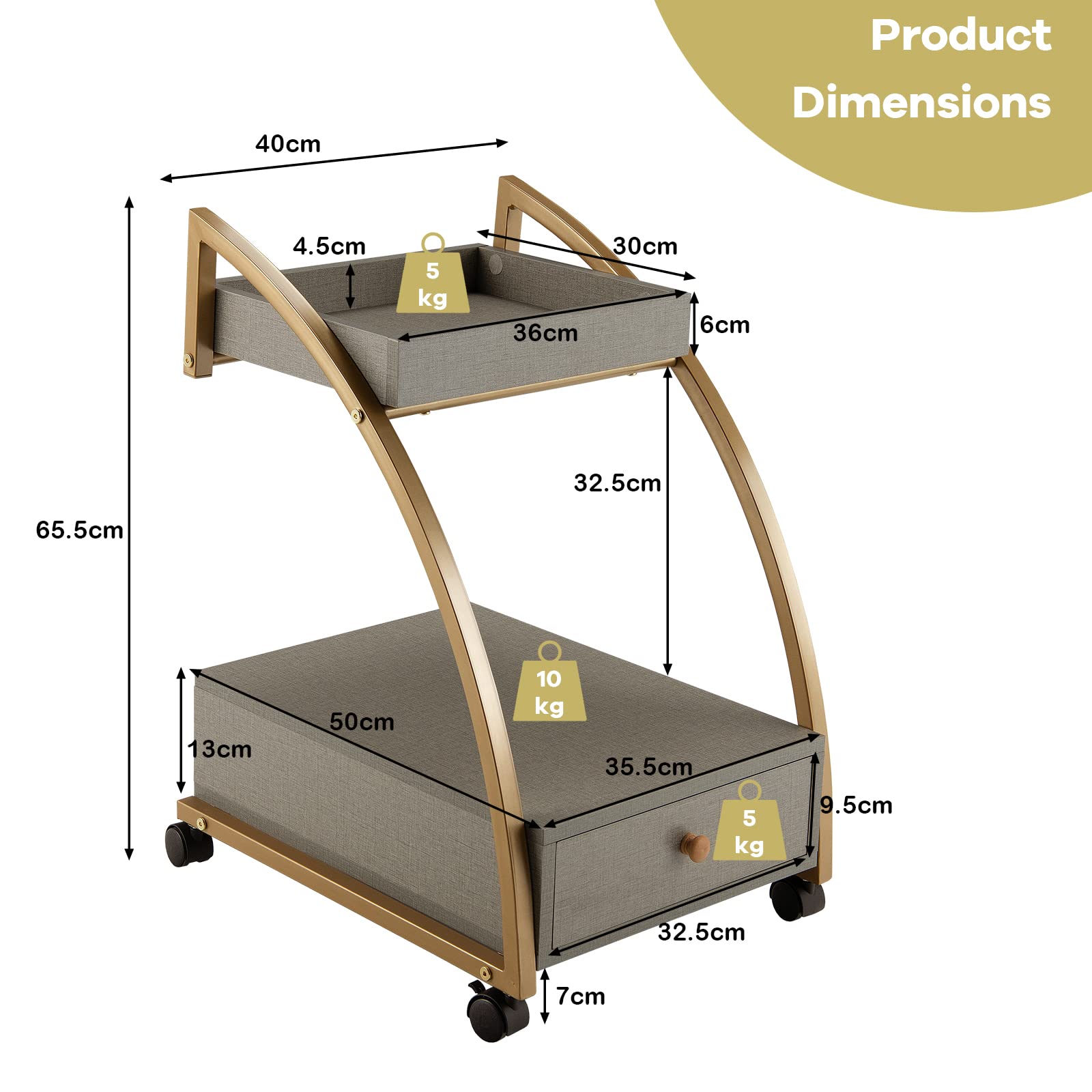 Giantex Rolling Side Table, 2-Tier End Table w/Drawer, C-Shaped Sofa Side Table, Grey & Gold
