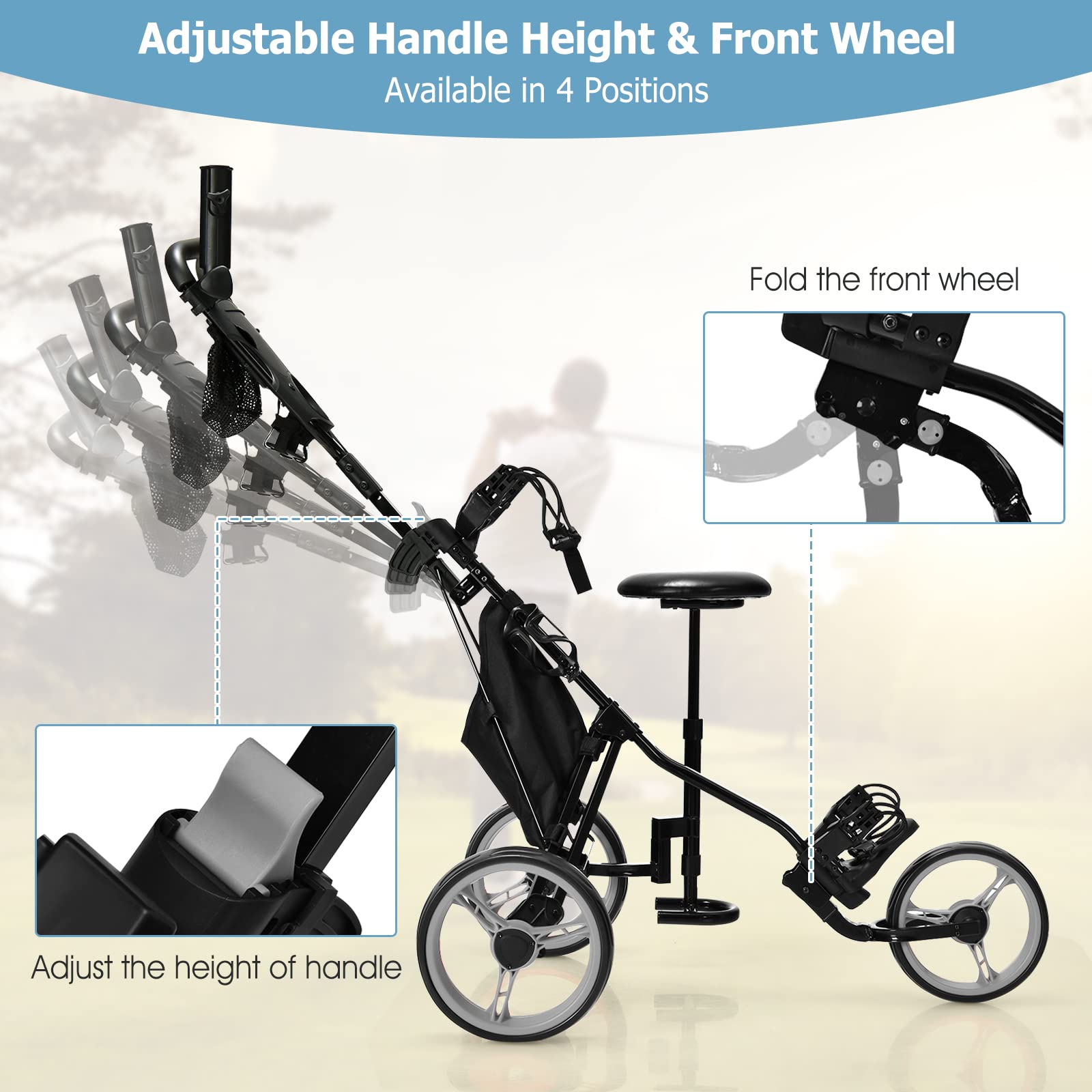 Golf Push Pull Cart, Lightweight 3 Wheels Golf Push Cart