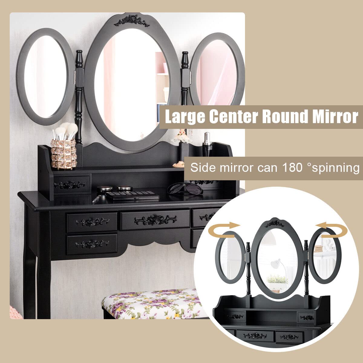 Giantex Folding Vanity Table Set with Mirrors, Elegant Makeup Table & Cushioned Stool Set w/ 7 Drawers and Open Shelf