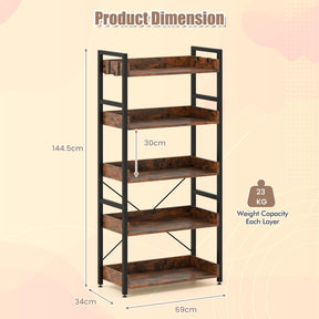 5-Tier Bookshelf,Tall Industrial Bookcase w/Open Shelves & 4 Hooks