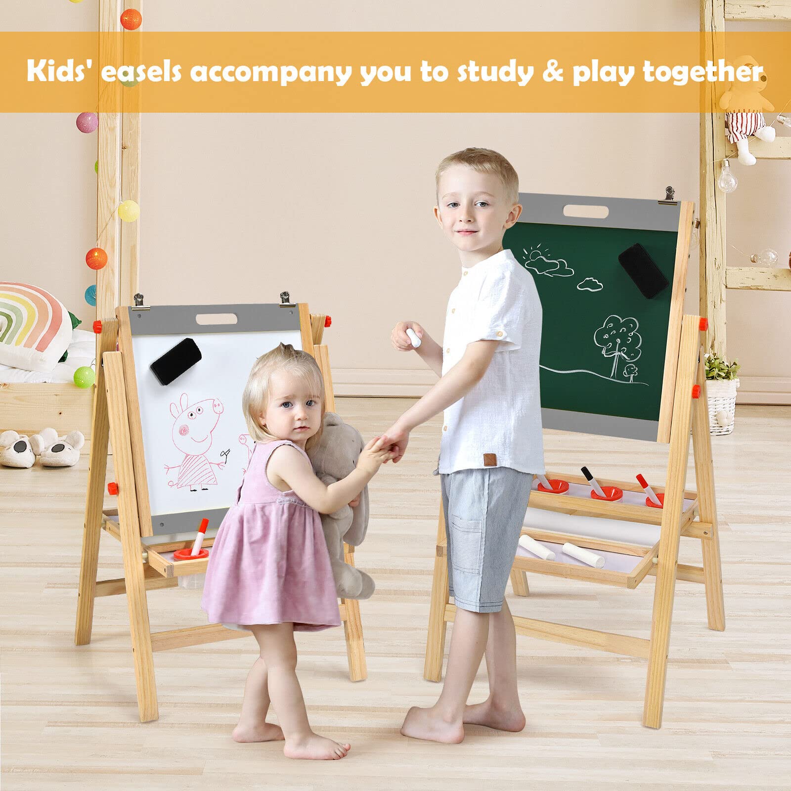 BABY JOY Kids Art Easel, 3-in-1 Wooden Toddler Easel w/Paper Roll, Storage Tray, Eraser