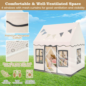 Kids Play Tent, Large Playhouse w/Star String Lights & Flag Banner, Washable Anti-Slip Coral Velvet Mat