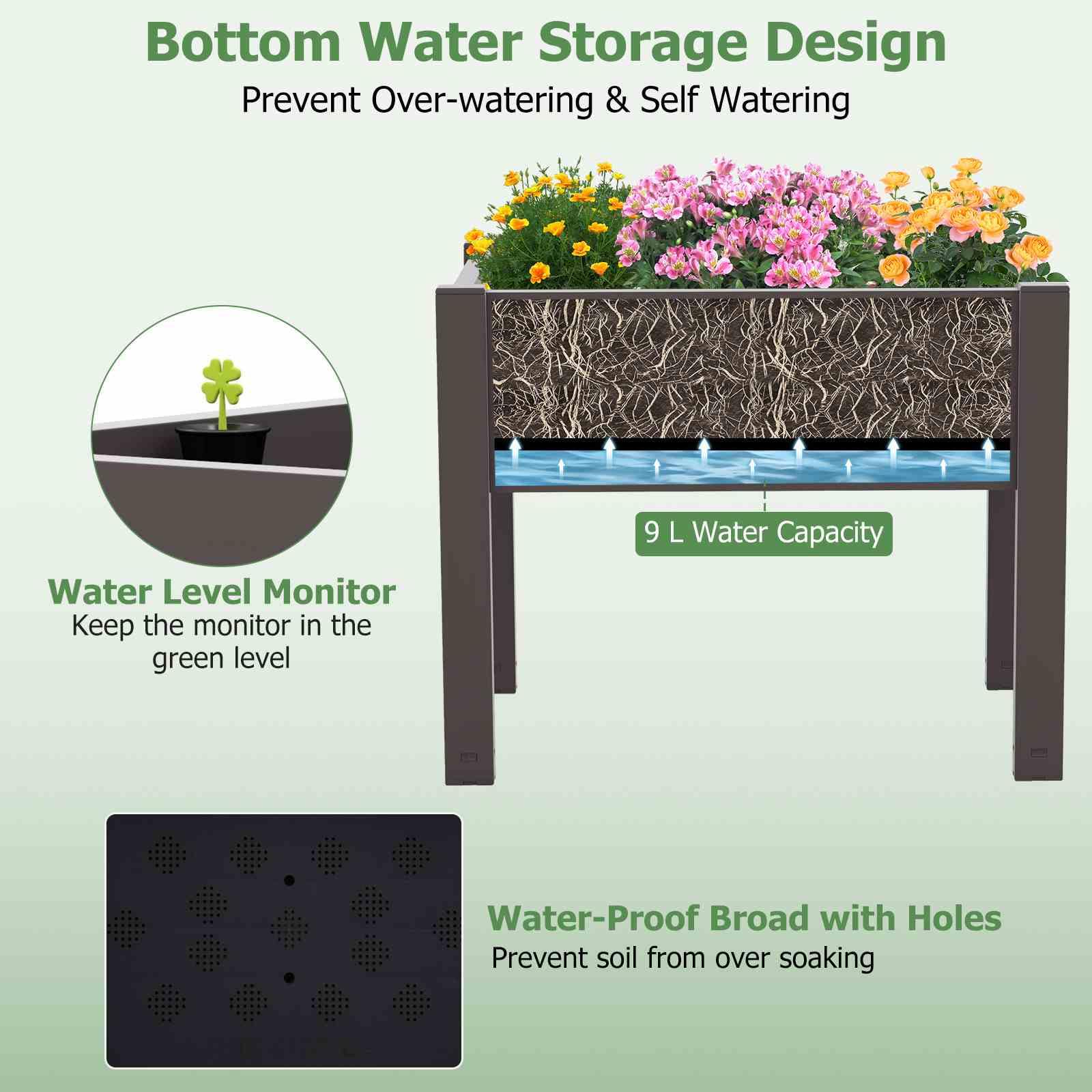 Raised Garden Bed, Self-Watering Planter Box with Water Level Indicator