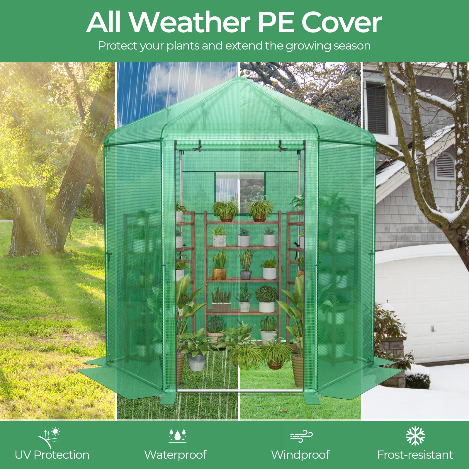 Walk-in Greenhouse, Hexagonal Greenhouse with PE Cover & Metal Frame, Winter Greenhouse with 2-Layered Window & Roll-Up Door