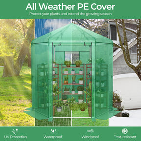 Walk-in Greenhouse, Hexagonal Greenhouse with PE Cover & Metal Frame, Winter Greenhouse with 2-Layered Window & Roll-Up Door