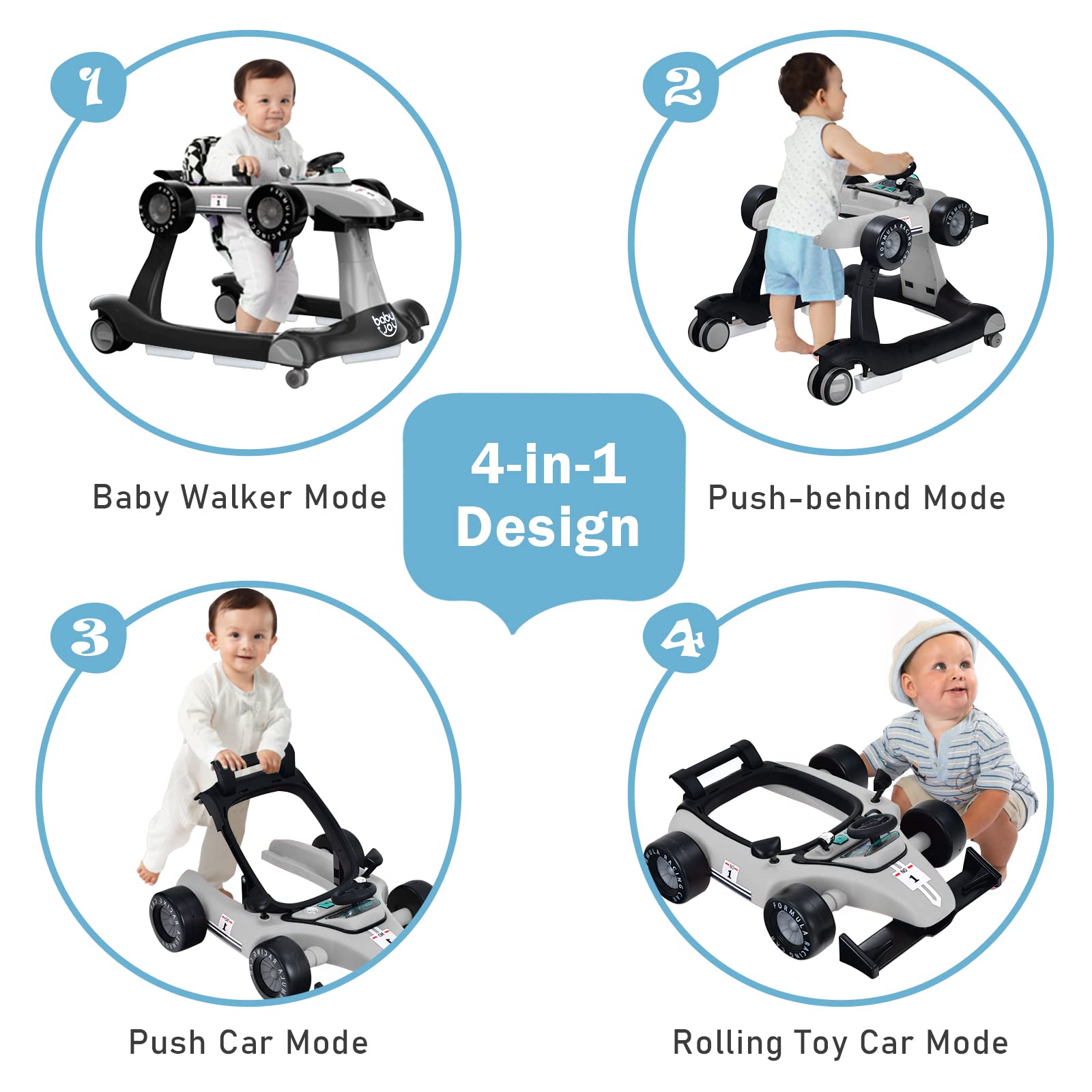 4-in-1 Baby Walker, Foldable Activity Car Baby Walker w/3 Adjustable Height