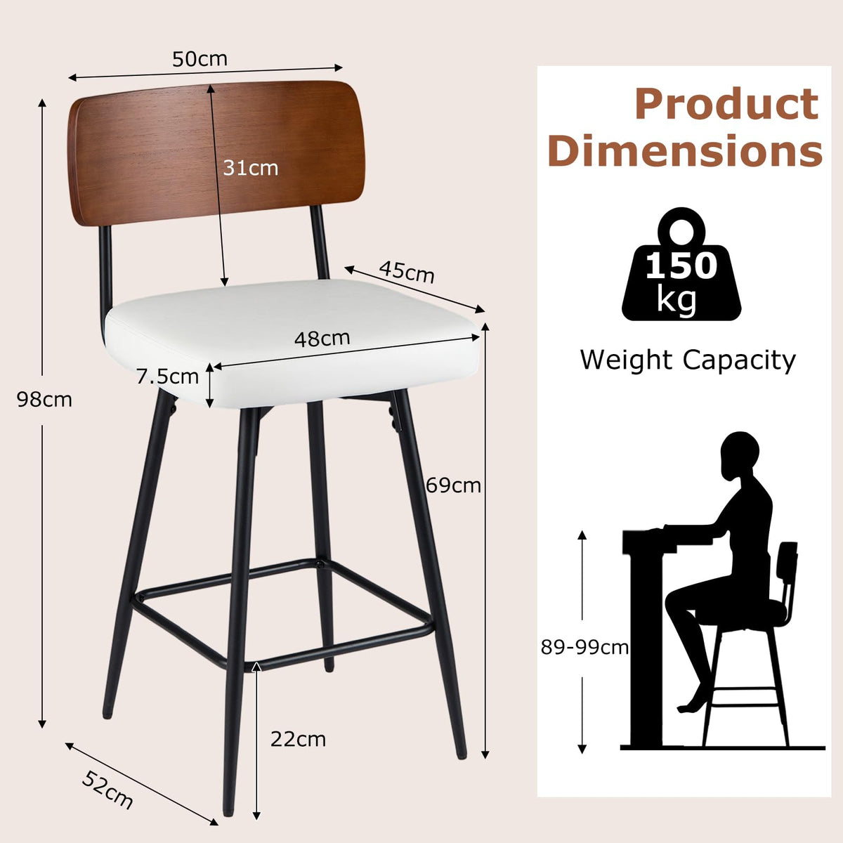 Padded Counter Barstools Set of 2, 360° Swiveling Counter Height Chairs with Wooden Backrest & Metal Legs