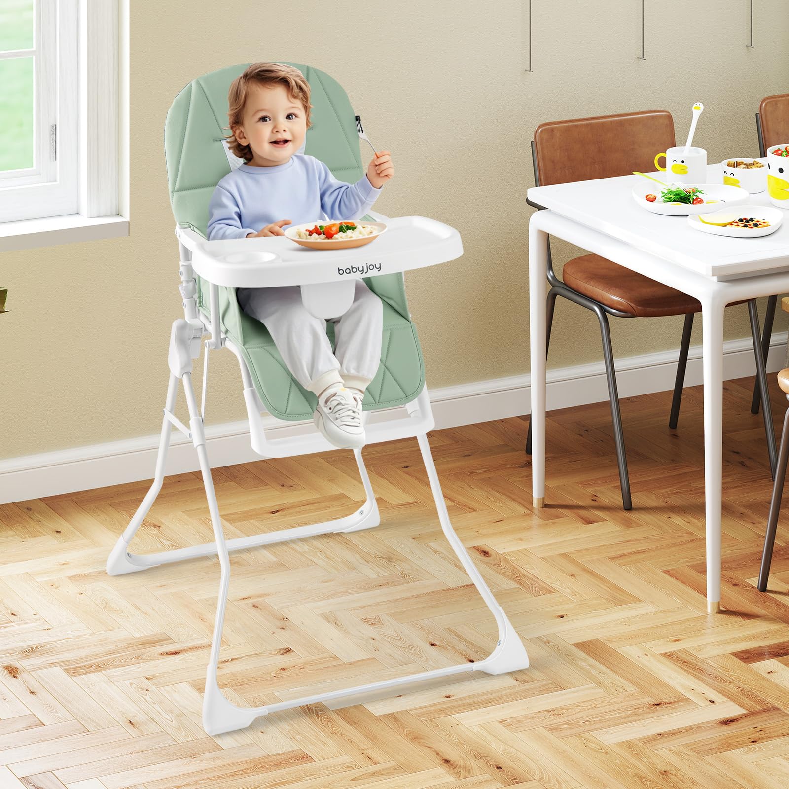 Foldable High Chair, Easy Clean Compact Highchair with Removable Adjustable Tray and PU Seat Cushion, 5-Point Safety Belt for Babies