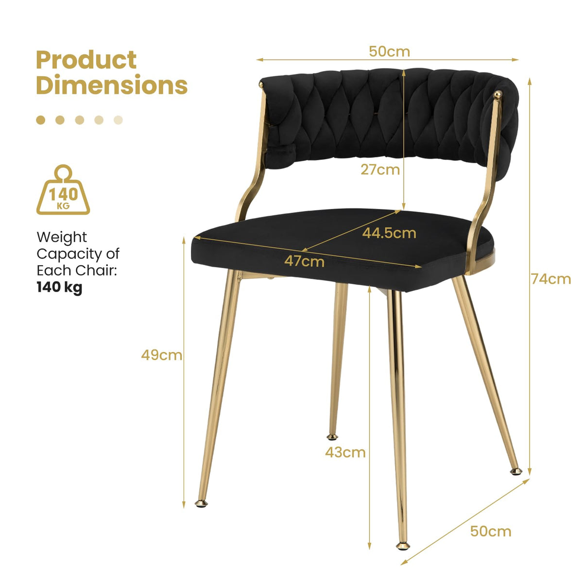 Velvet Dining Chairs Set of 2, Accent Upholstered Leisure Chairs w/ Gold Metal Legs, Sponge Filling Seats