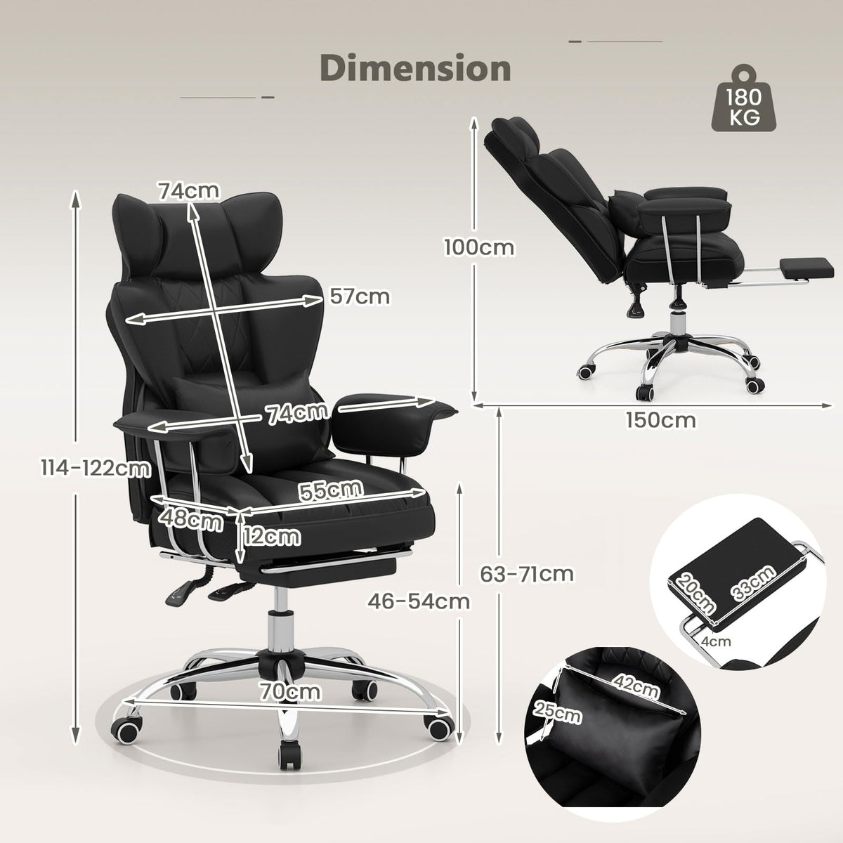 180 kg Big & Tall Office Chair, Executive Desk Chair w/ Retractable Footrest, Adjustable Height