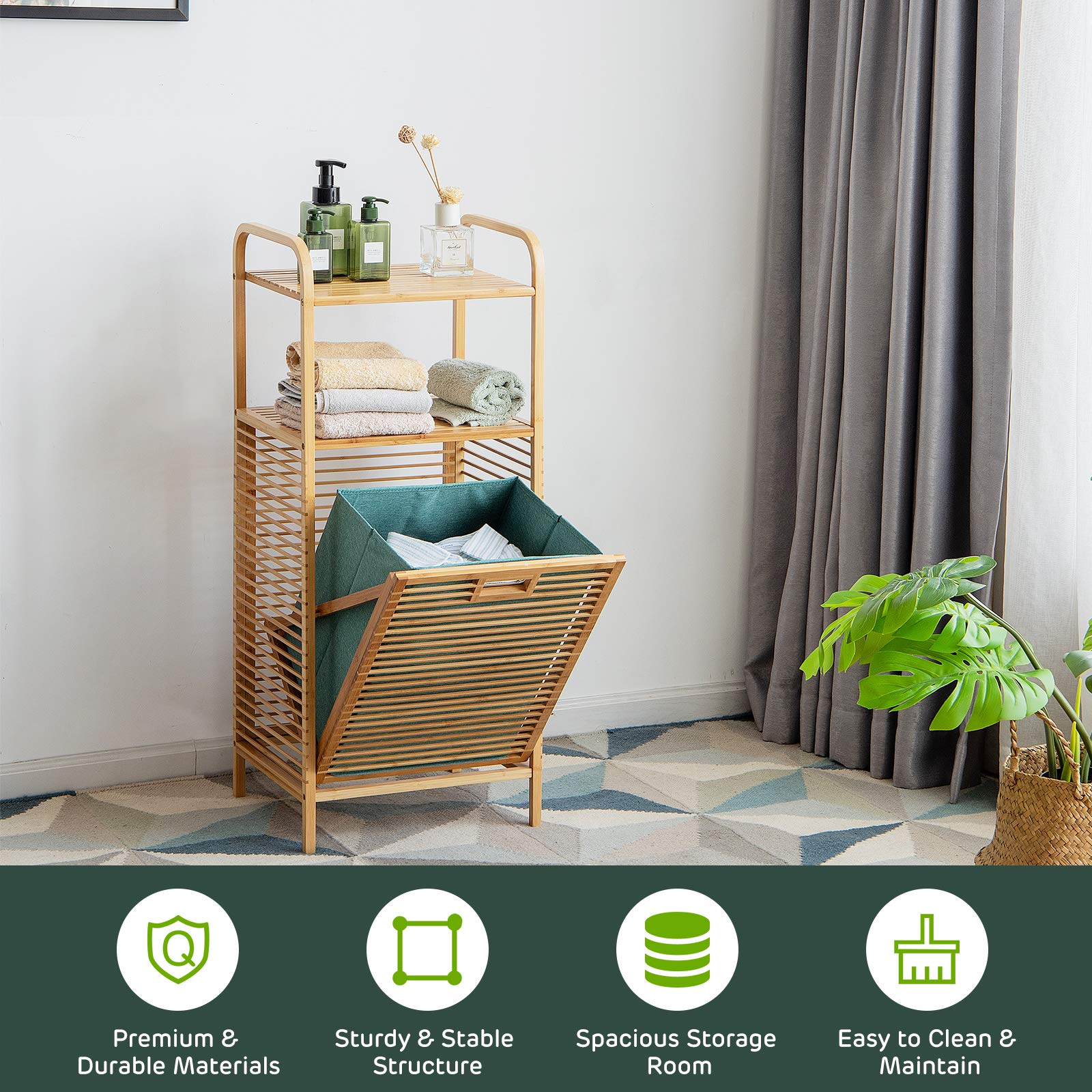 Giantex Tilt-out Laundry Hamper, Bamboo Wood Laundry Shelf Cabinet, Space-saving Laundry Hamper