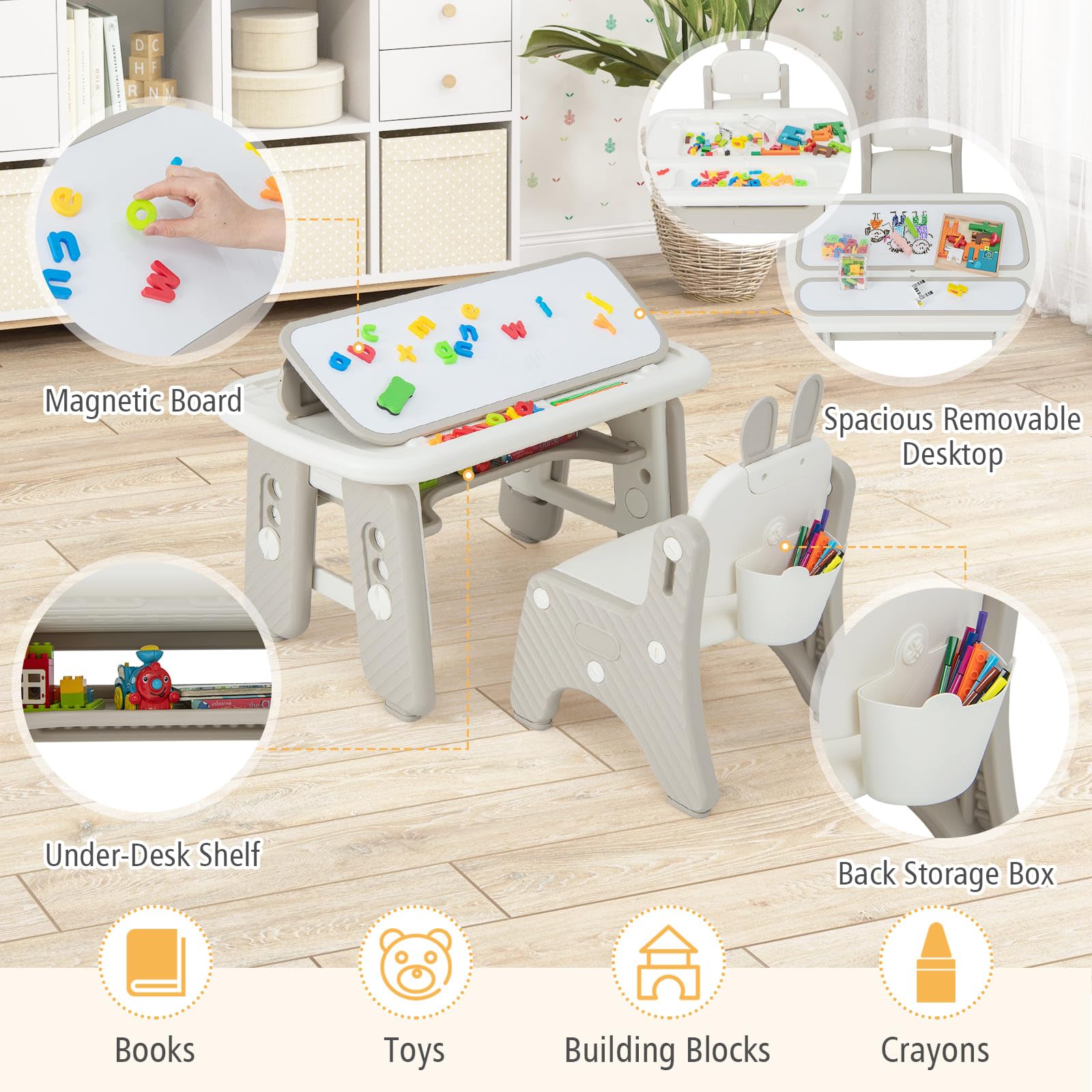 Kids Table & Chair Set, Graffiti Toddlers Art Table & Chair w/Flip-Top Bookshelf