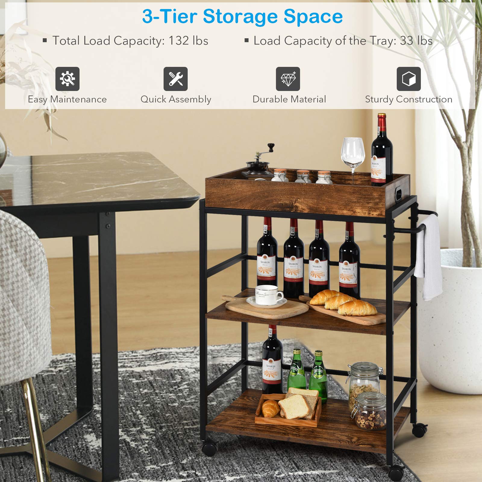 Giantex 3-Tier Kitchen Island Bar Cart, Industrial Serving Cart, Utility Trolley Wine Storage Cart
