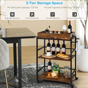 Giantex 3-Tier Kitchen Island Bar Cart, Industrial Serving Cart, Utility Trolley Wine Storage Cart