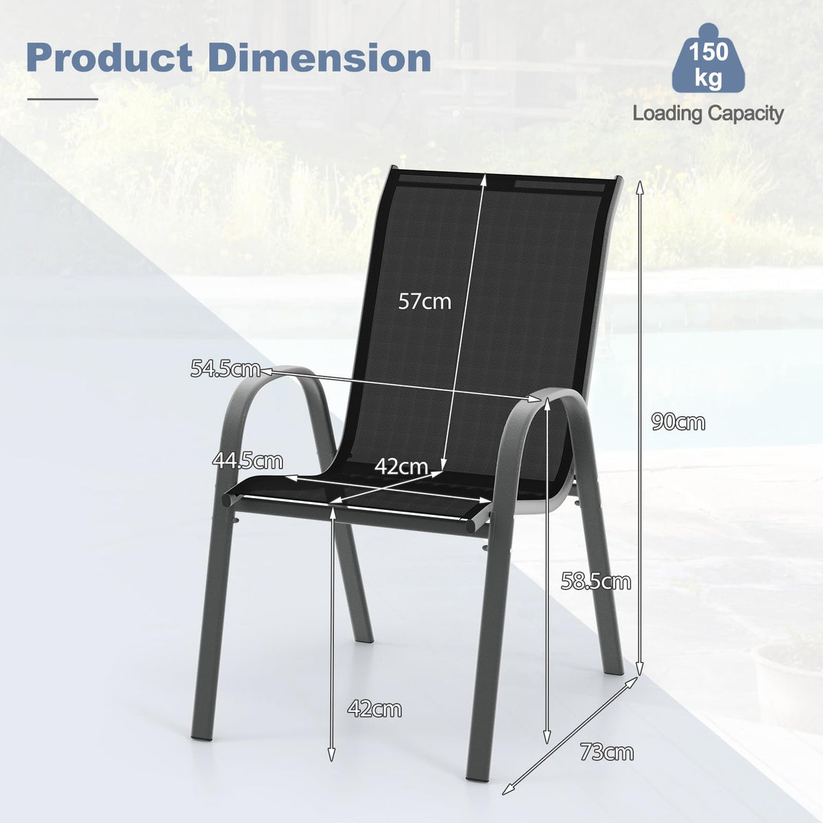 Set of 4 Outdoor Patio Chairs, Stackable Armchair with Weather-Resistant Fabric, Sturdy Steel Frame