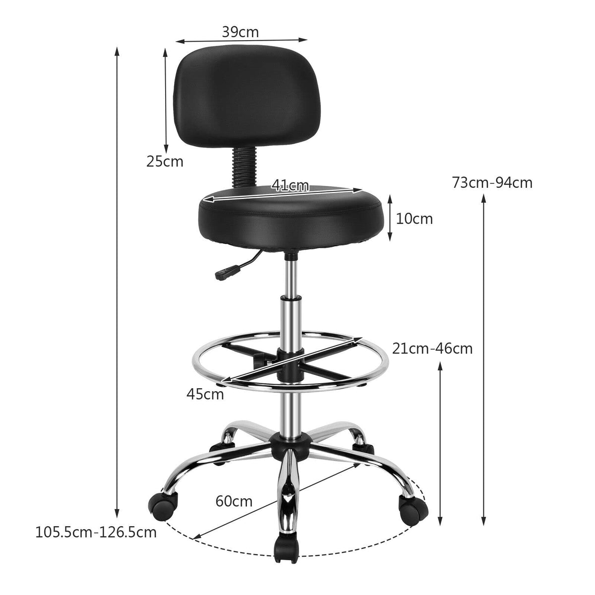 Ergonomic Drafting Chair 150 kg w/Backrest, Faux Leather Upholstered Rolling Stool w/Retractable Mid Back & Adjustable Foot Ring