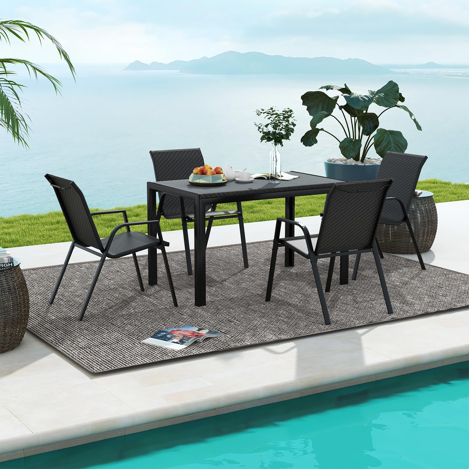 Patio Rattan Chairs Set of 4, Stackable Dining Chair Set with Wicker Woven Backrest & Seat