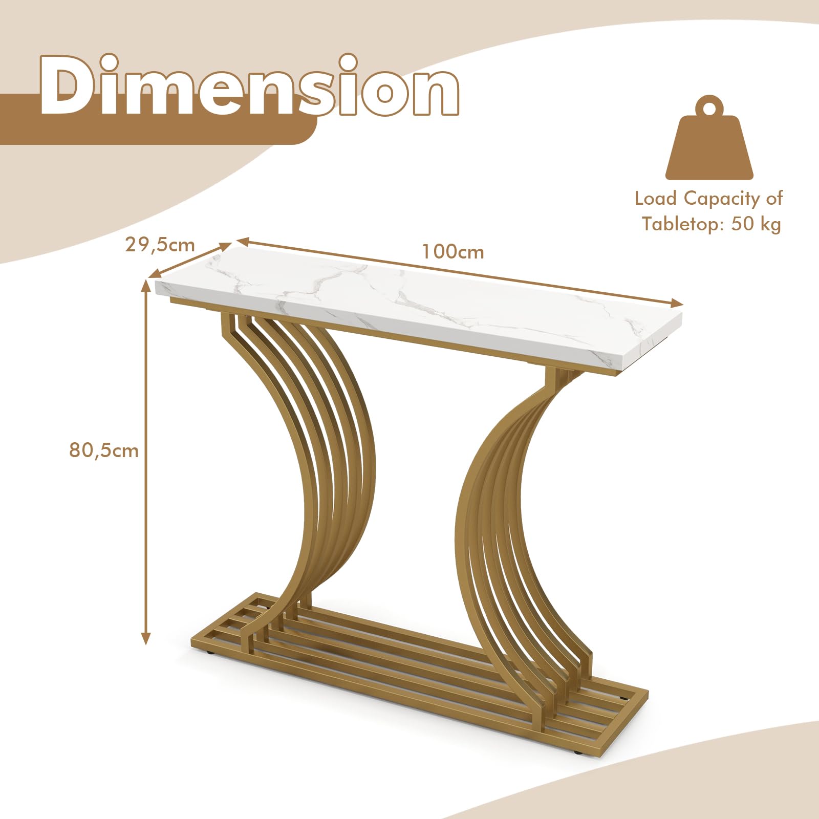 Giantex 100 cm Gold Modern Console Table with White Faux Marble Tabletop