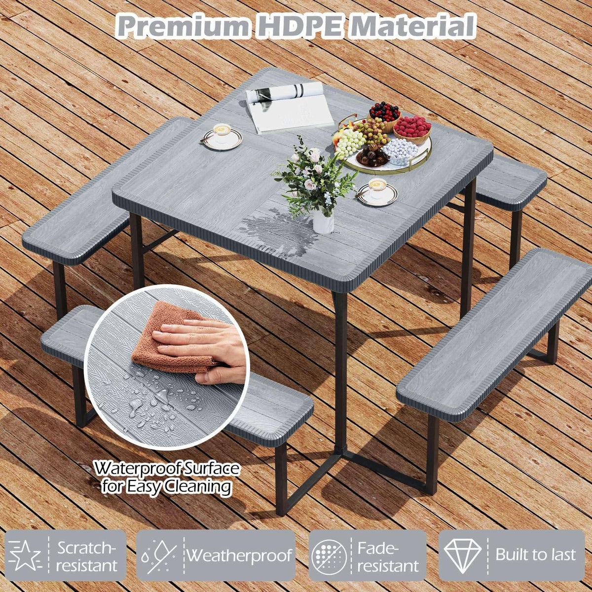 Outdoor Square Camping Dining Table & 4 Benches w/Umbrella Hole