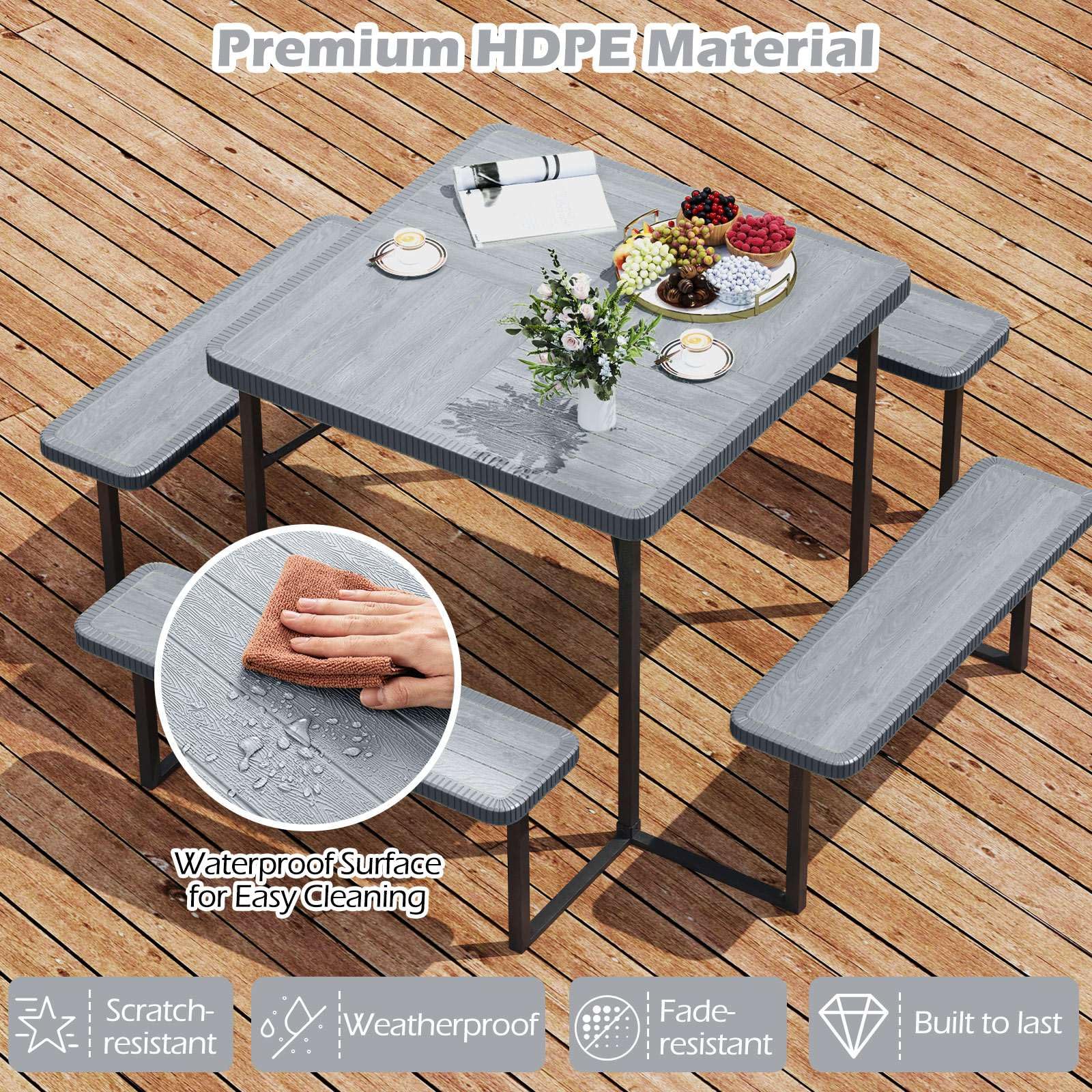 Outdoor Square Camping Dining Table & 4 Benches w/Umbrella Hole