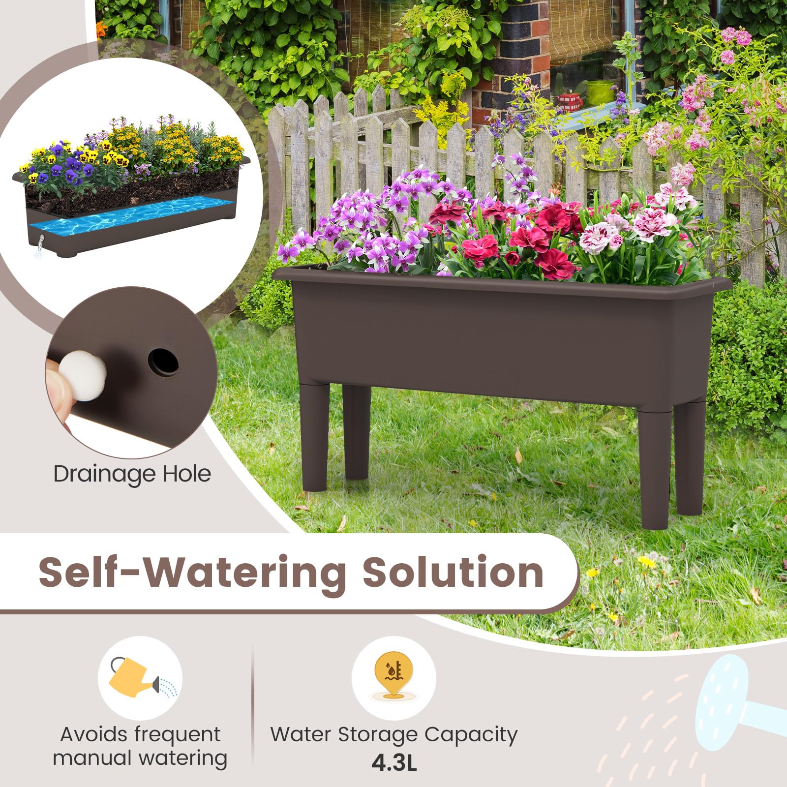 2 PCS Raised Garden Beds, Self-Watering Planter Box with Detachable Legs & Drainage Hole