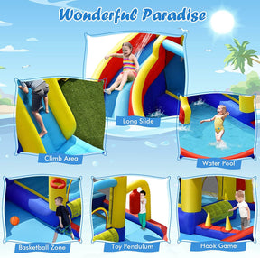 Inflatable Water Slide, 7-in-1 Outdoor Kids Water Bounce House Jumping Castle w/Combo Water Slide(with 680W Blower)