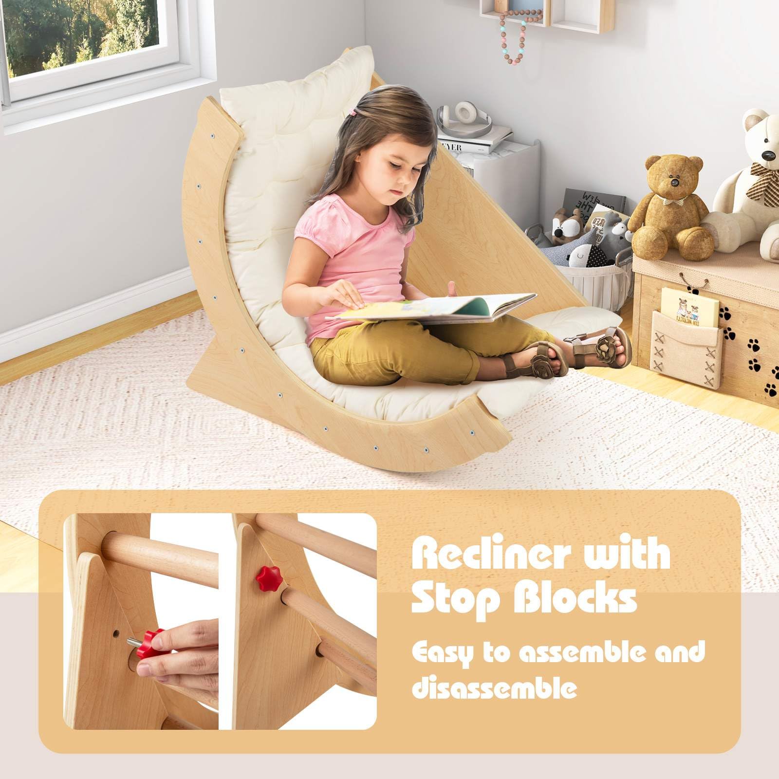 6 in 1 Climbing Arch for Toddlers, Wooden Kids Rocker Arch Climbing Toy with Removable Cushion