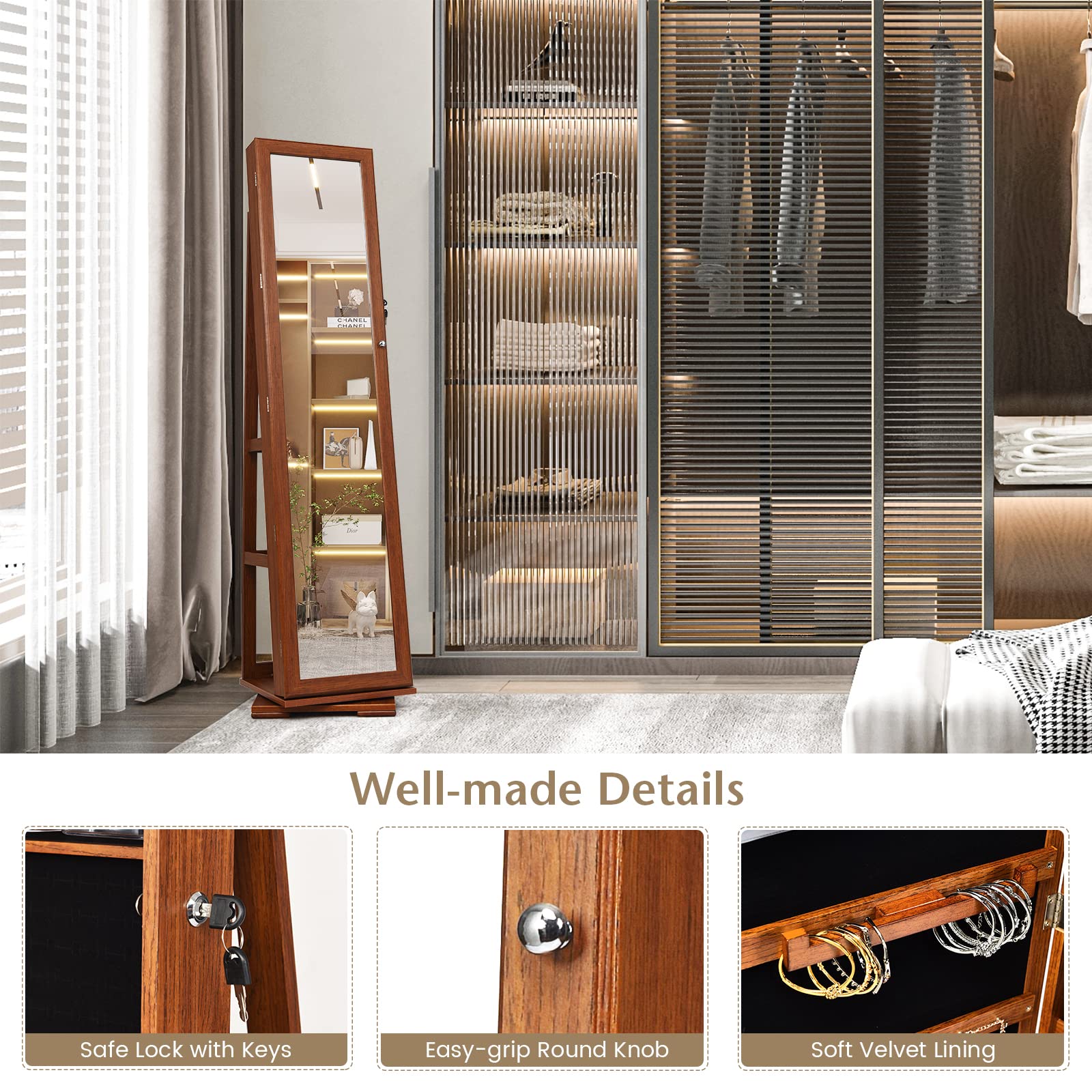 Giantex 360 Rotating Mirrored Jewelry Cabinet, Free Standing Jewelry Armoire, Full Length Mirror