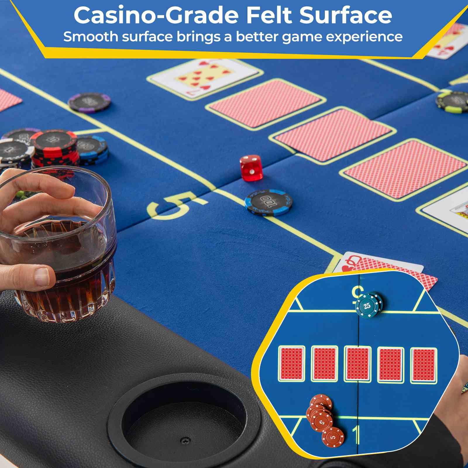 Foldable Poker Table, 8 Players Card Board Game Table w/ 8 Cup Holders, Casino-Grade Felt Surface
