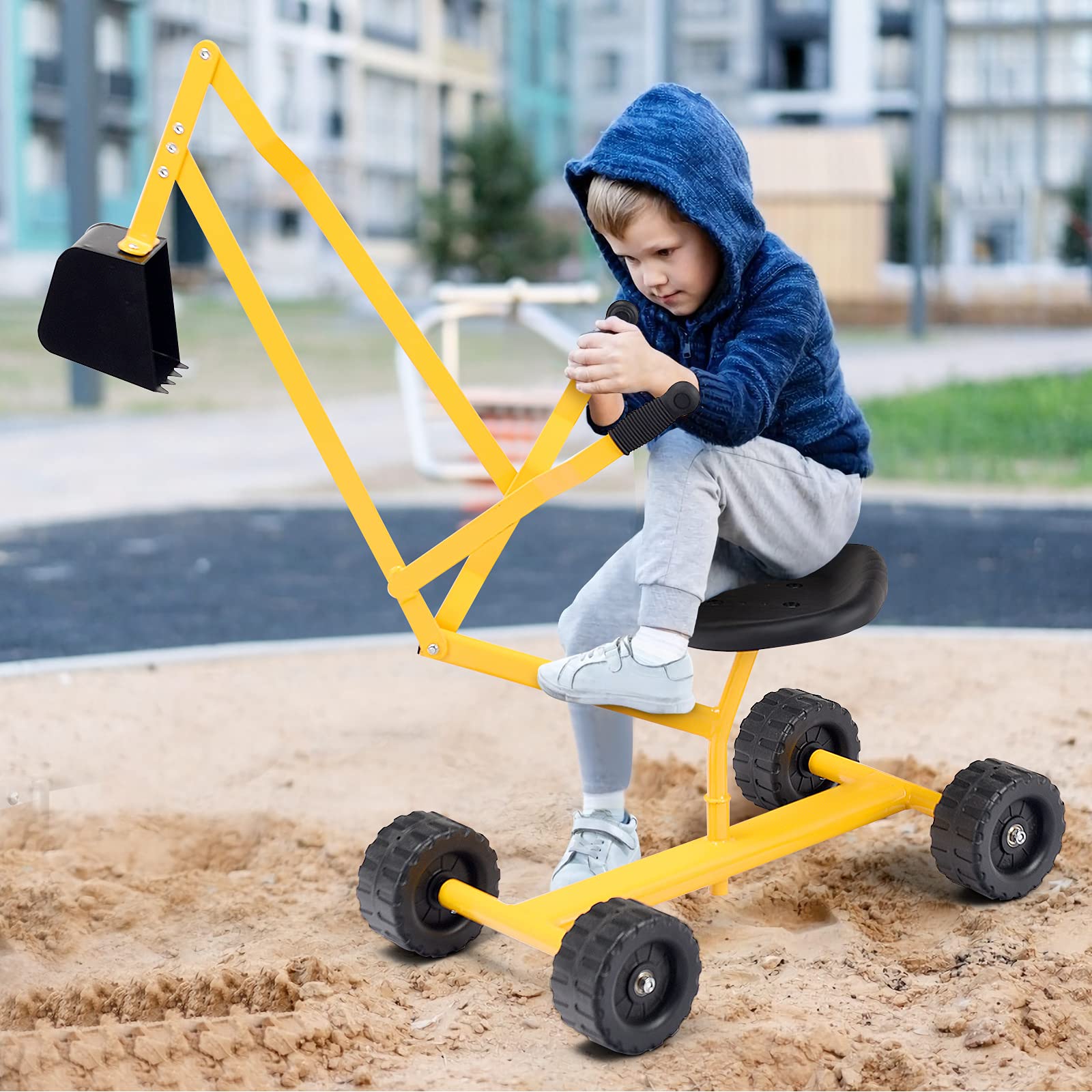 Kids Ride-on Sand Digger with Wheels, Ride On Excavator Crane with 360° Rotating Seat for Dirt