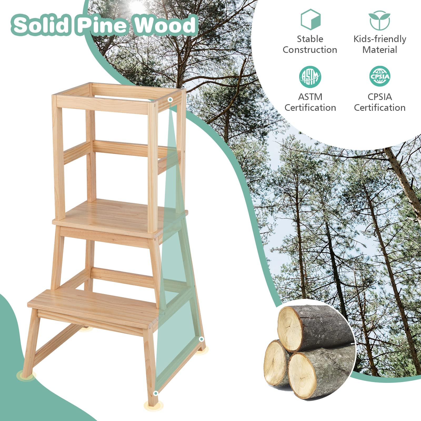 BABY JOY Kids Kitchen Step Stool with Safety Rail, 2 in 1 Solid Wood Montessori Learning Stool