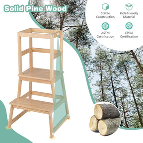 BABY JOY Kids Kitchen Step Stool with Safety Rail, 2 in 1 Solid Wood Montessori Learning Stool