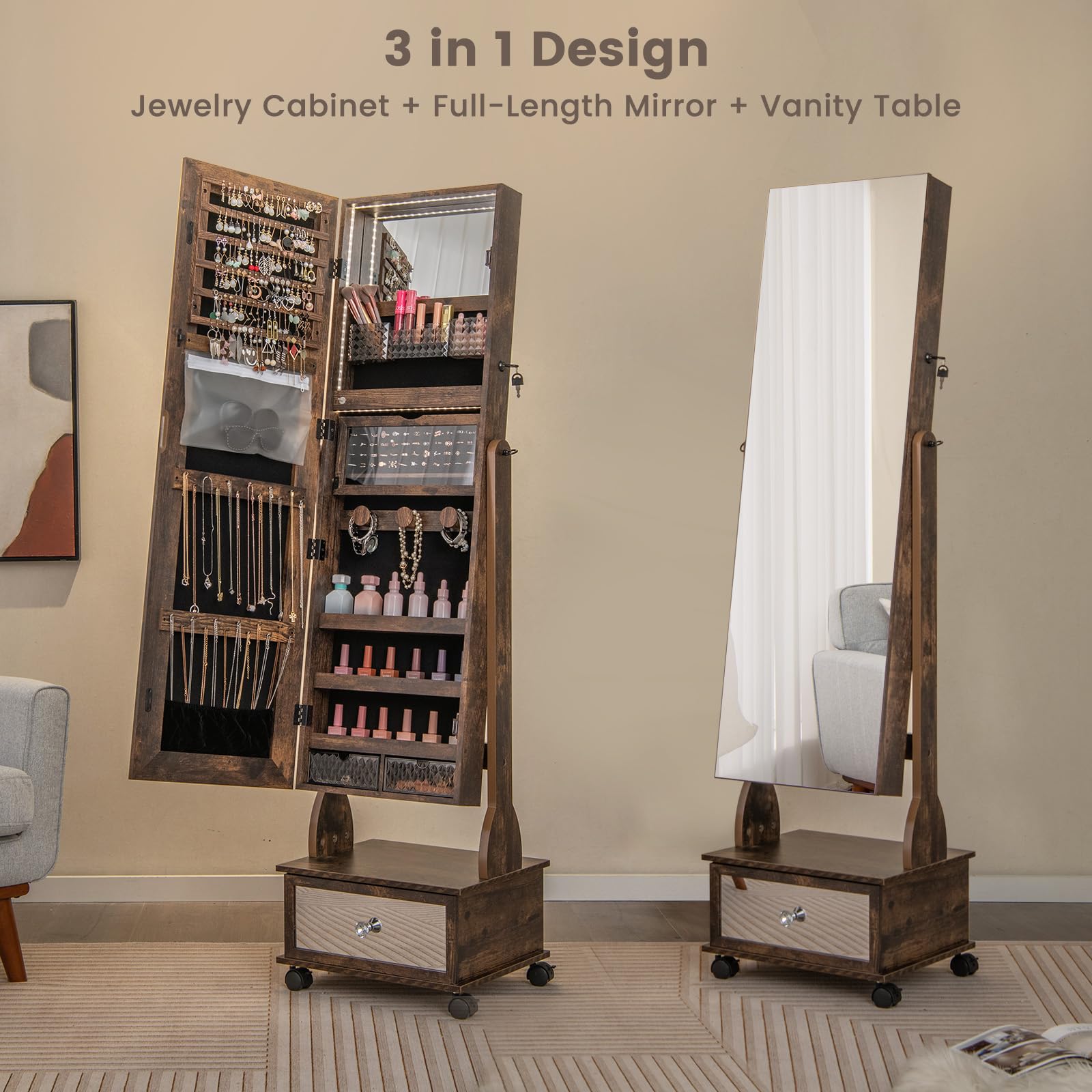 Giantex Standing Jewelry Armoire, Lockable Movable Jewelry Organizer