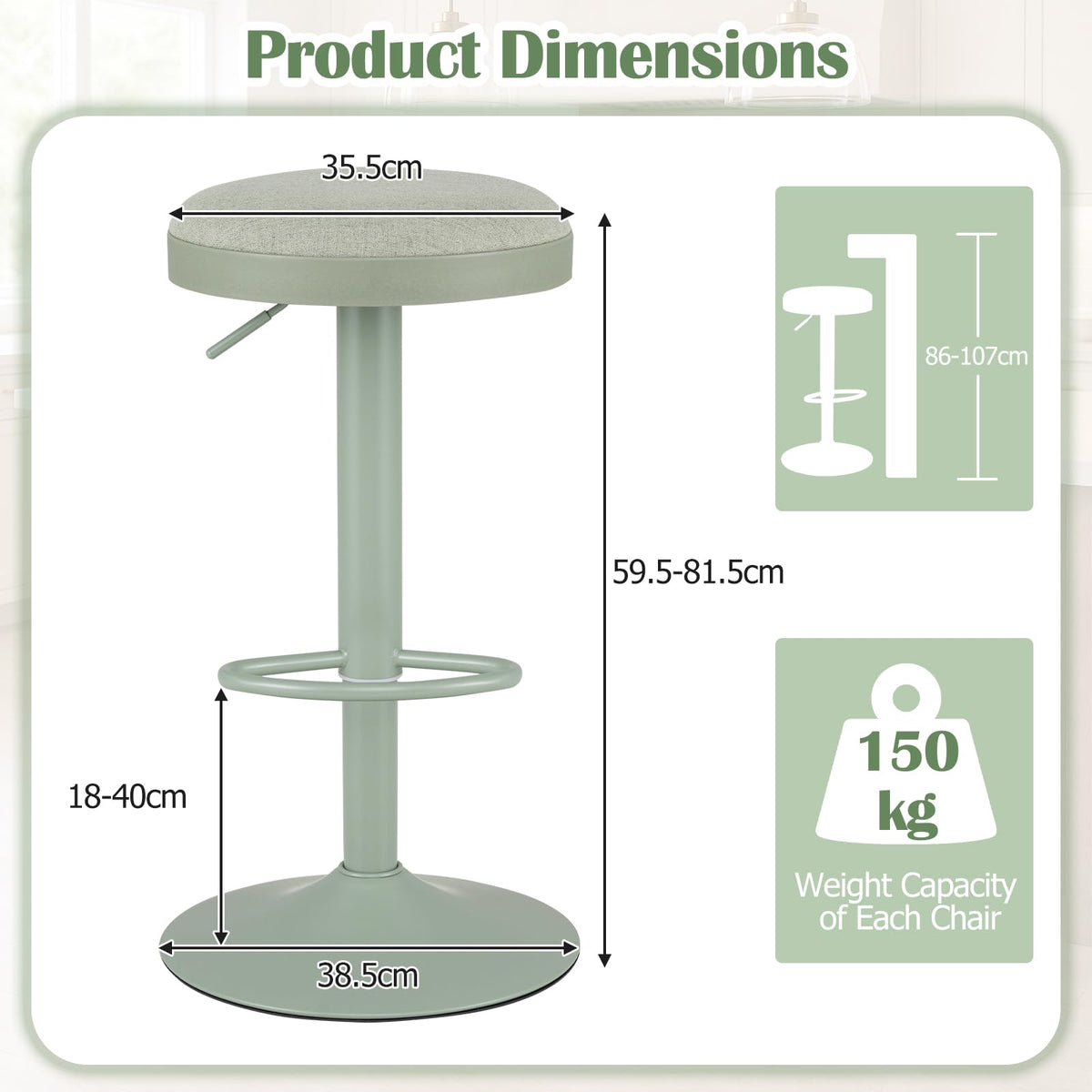 Bar Stools Set of 2, Kitchen Bar Stools w/Height Adjustment