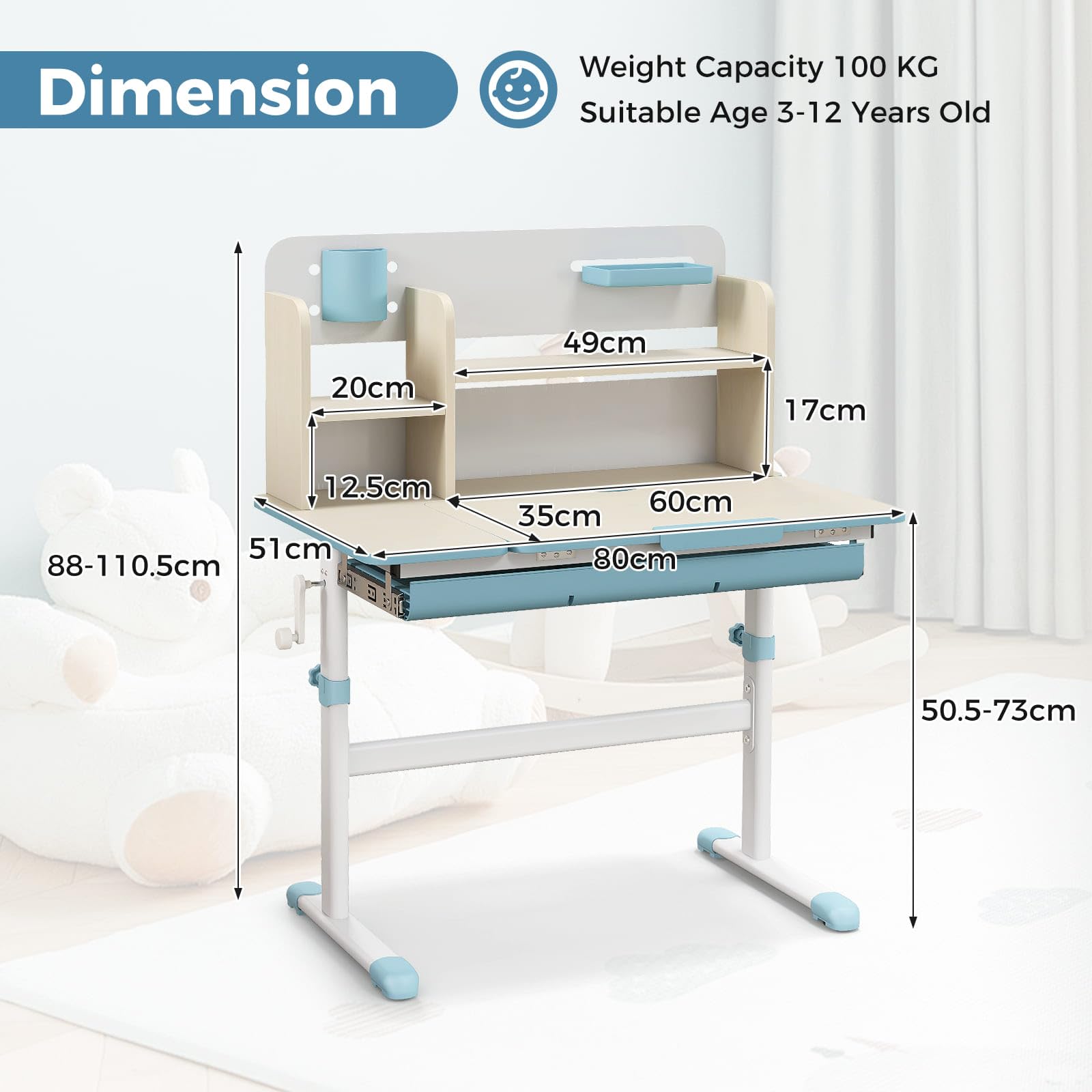 Kids Study Desk, Height Adjustable Children Writing Table w/Tilt Desktop