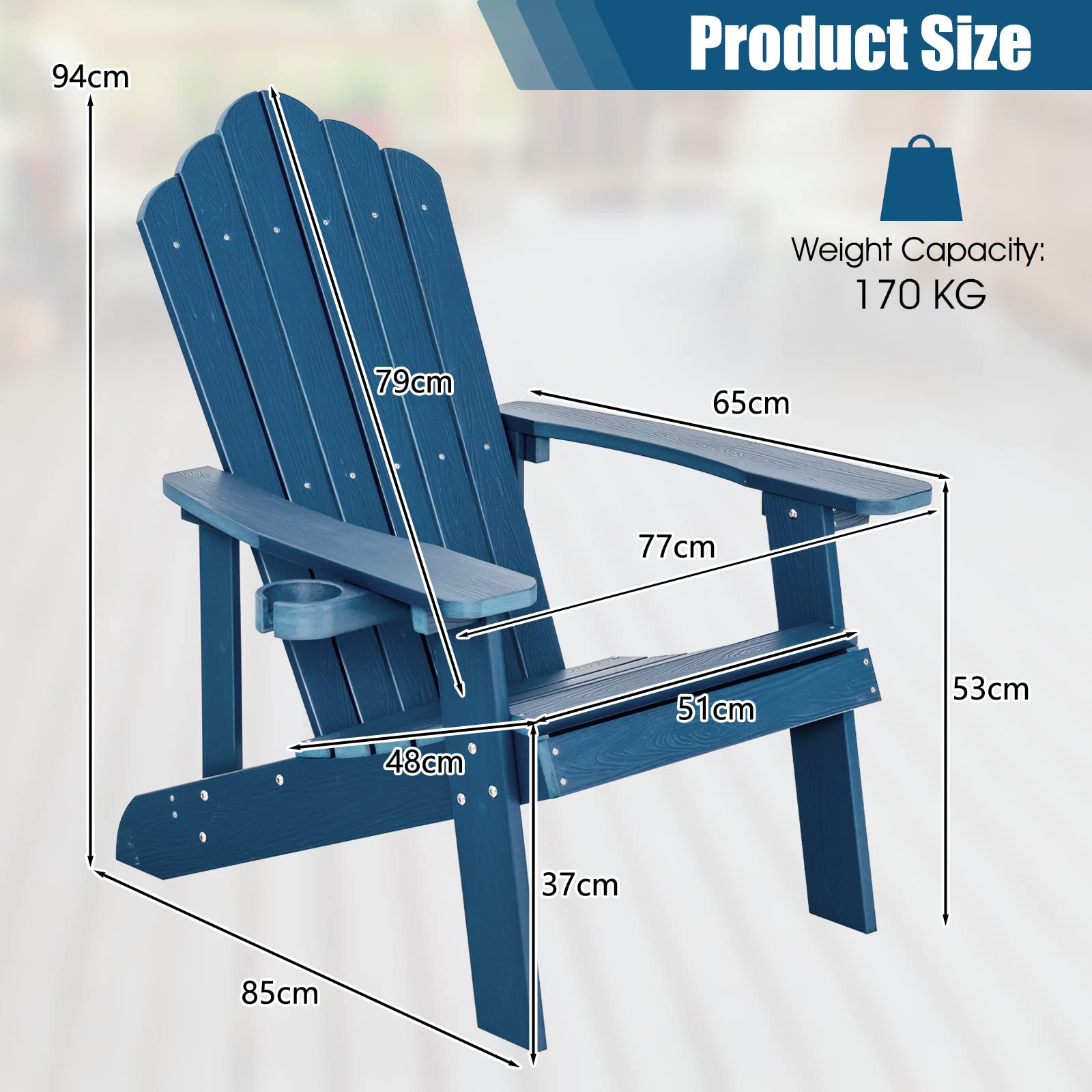 Adirondack Chair, HIPS Adirondack Chair w/Cup Holder, Realistic Wood Grain, Weather Resistant Outdoor Chair for Patio